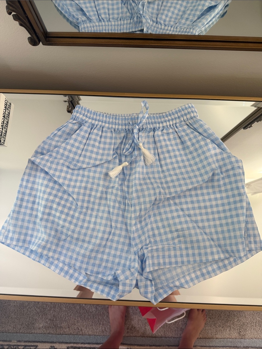 NWOT High-Waist Gingham Shorts in Light Blue - Women